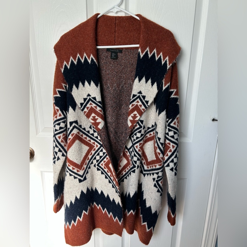 Tahari Brown White & Blue Aztec Print Chunky Open Front Cardigan Size XL - Picture 15 of 15